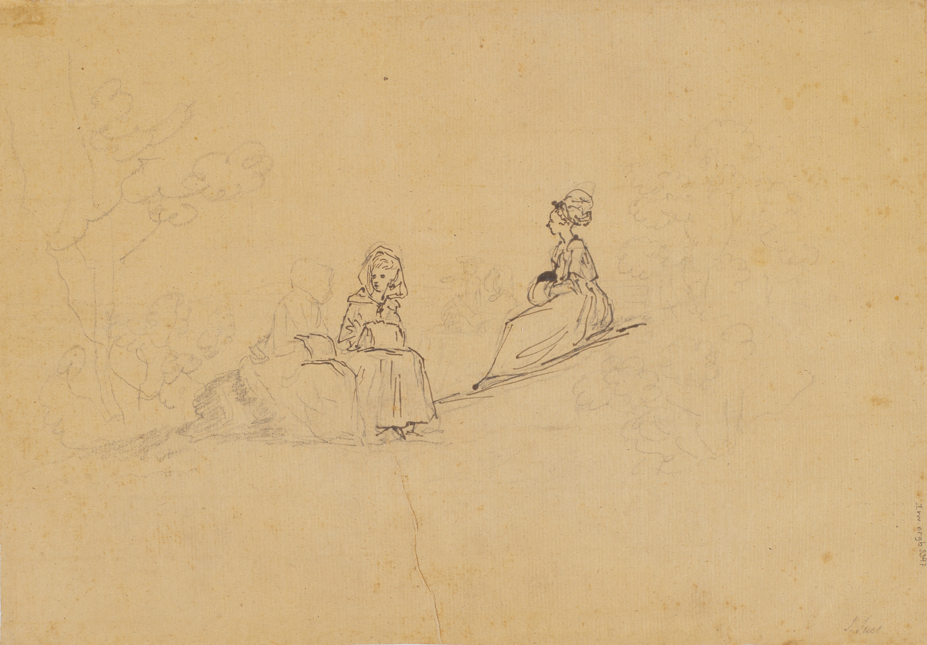 Tre damer med muffer på en skråning i det fri, bag dem antydet en fjerde figur med barn på armen